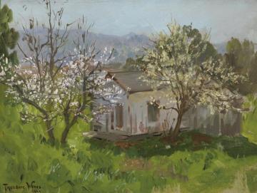 Two Blossoming Trees With An Old Shack,1921 Artwork by Theodore Wores