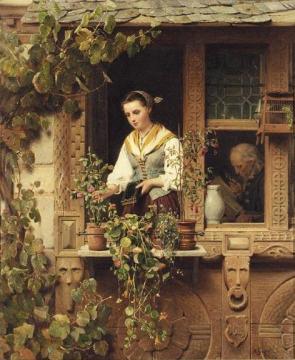 Tending The Windowbox Artwork by August Friedrich Siegert