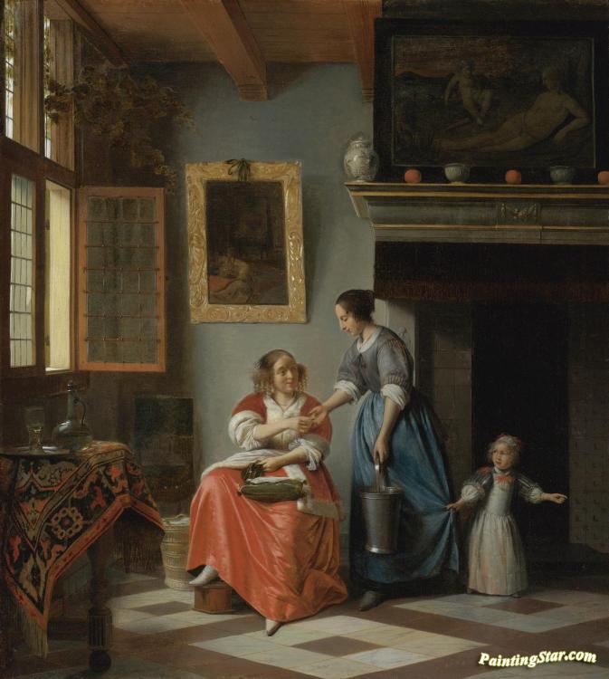 A Woman Handing A Coin To A Serving Woman With A Child Artwork by Pieter de Hooch