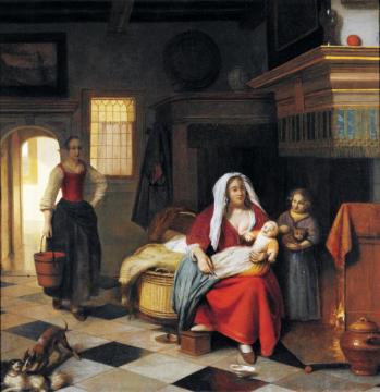 An Interior With A Mother And Her Children Before A Fireplace Artwork by Pieter de Hooch