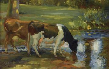 Dairy Cows By A Stream Artwork by Sir Alfred James Munnings
