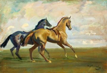Two Race Horses At The Start Artwork by Sir Alfred James Munnings