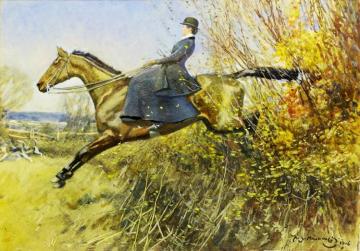 A Lady On A Hunter Jumping A Hedge Artwork by Sir Alfred James Munnings