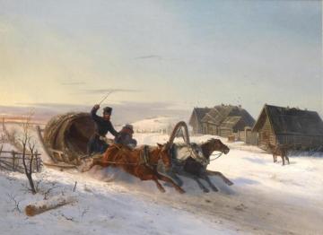 A Troika Galloping Through The Snow Artwork by Nikolai Sverchkov