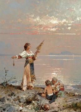 Figures On The Shore In The Bay Of Naples Artwork by Franz Richard Unterberger