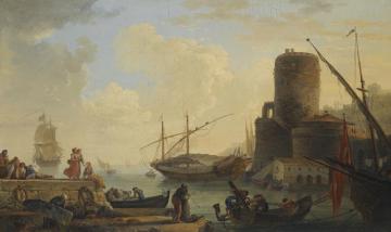 A Mediterranean Sea Port With Sailors Letting Down The Anchor And Unloading The Cargo Of A Ship Artwork by Claude-Joseph Vernet