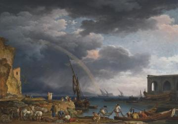 An Italianate Coastal View With A Rainbow, Fisherman, And Peasants At An Inlet In The Foreground, A Shipwright's Yard Beyond Artwork by Claude-Joseph Vernet