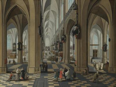 A Church Interior With Elegant Figures Strolling And Figures Attending Mass Artwork by Frans Francken II