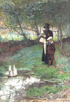 By The Pond With A Sailboat Artwork by Jehan Georges Vibert