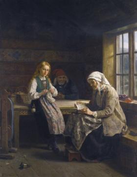 A Hardanger Interior, Young Girl Knitting Artwork by Adolph Tidemand