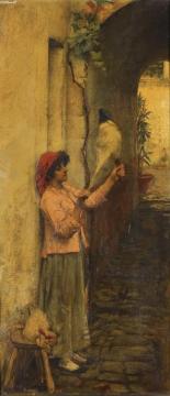 A Neapolitan Flax Spinner Artwork by John William Waterhouse