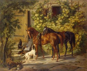 Horses At The Porch Artwork by Albrecht Adam