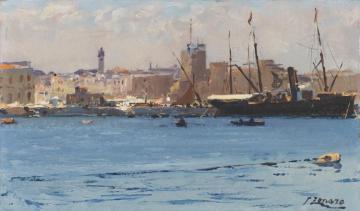 Boats In A Port Artwork by Fausto Zonaro