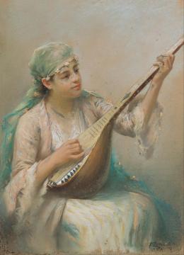 Woman Playing A String Instrument Artwork by Fausto Zonaro