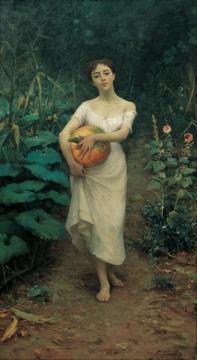 Young Girl Carrying A Pumpkin Artwork by Fausto Zonaro