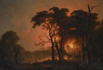 A Fire Seen Through Trees Artwork by Joseph Wright of Derby