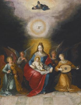 The Virgin And Child Surrounded By Music-making Angels, The Holy Spirit And God The Father Above Artwork by Frans Francken II
