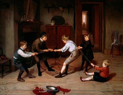 A Group Of Children Playing At 'tug Of War' In A Domestic Interior Artwork by Harry Brooker