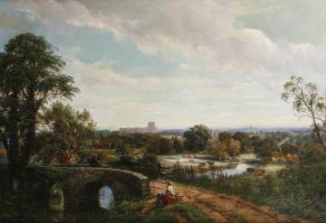 Travellers On A Bridge With An Extensive Landscape Beyond Artwork by Thomas Creswick