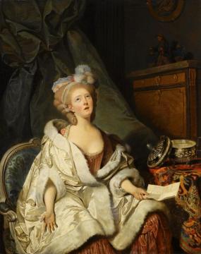 An Elegantly Dressed Lady Seated At A Table, Reading A Letter Artwork by Pierre Alexandre Wille