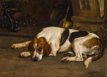 A Foxhound By The Hearth Artwork by Wright Barker