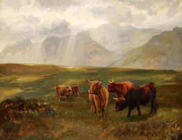 Highland Cattle In A Landscape Artwork by Wright Barker