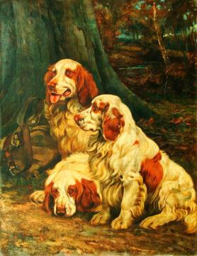 Three Clumber Spaniels Resting In A Woodland Landscape Artwork by Wright Barker