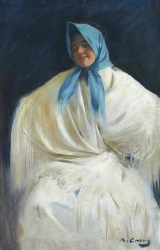 Girl With A Blue Scarf Artwork by Ramon Casas i Carbó