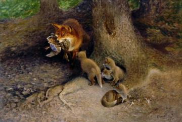 Family Of Foxes By Their Den Artwork by Bruno Liljefors