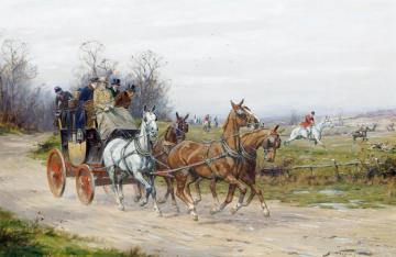 A Stagecoach Drawing Alongside A Hunt Artwork by George Wright