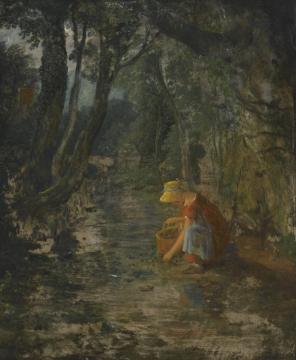 A Girl Collecting Berries By A Brook In A Wooded Landscape Artwork by Francis Danby