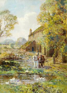 Farmyard Scene,with A Figure,shire Horses,chickens And Ducks Artwork by Stanley Royle