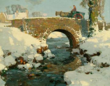 A River Landscape In The Snow, A Figure, Horse And Cart Crossing A Bridge Artwork by Stanley Royle