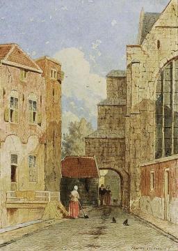 Town Scene With Figures In A Street Artwork by Jan Weissenbruch