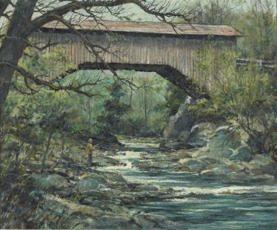Fishing Below A Covered Bridge, Vermont Artwork by Eric Sloane