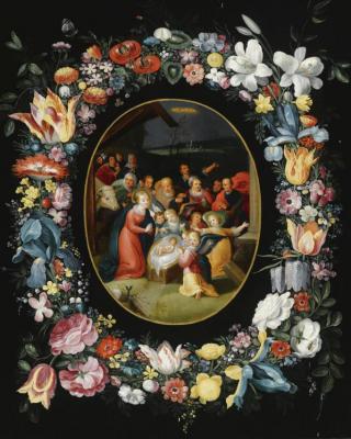 The Adoration Of The Shepherds Surrounded By A Garland Of Flowers, Together With A Butterfly And A Dragonfly Artwork by Frans Francken II