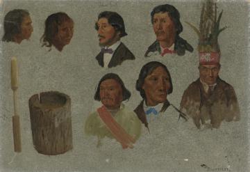 Seven Indian Portraits And One Primitive Utensil Artwork by Albert Bierstadt
