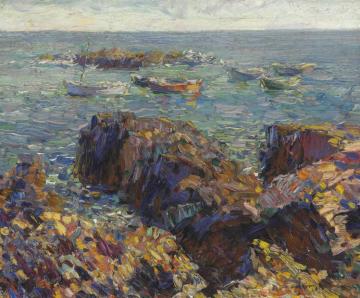 Rocky Shore With Moored Boats Artwork by Walt Kuhn