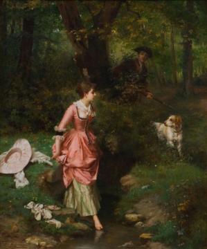 A Young Beauty Crossing A Brook, A Hunter Beyond Artwork by Émile-pierre Metzmacher