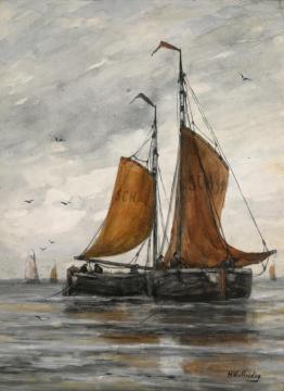 Bomschuiten On A Calm Sea Artwork by Hendrik Willem Mesdag