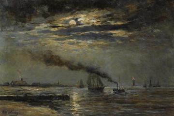 A Three-master Entering Scheveningen Harbour At Moonlight Artwork by Hendrik Willem Mesdag