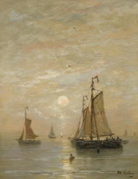 Anchored Bomschuiten At Sunset Artwork by Hendrik Willem Mesdag