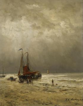 Bomschuiten At Anchor With Fisherfolk On The Beach Artwork by Hendrik Willem Mesdag