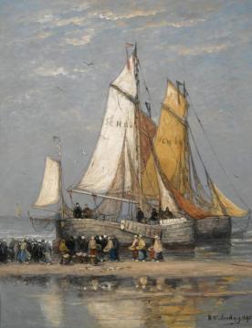 The Return Of The Fishing Fleet On Scheveningen Beach I Artwork by Hendrik Willem Mesdag