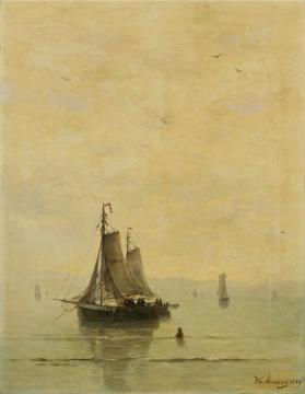 Two Fishing Boats At Anchor(twee Vissersboten Voor Anker) Artwork by Hendrik Willem Mesdag