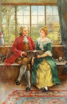 Elegant Young Lady And Gentleman Seated On A Window Seat Reading A Book Artwork by George Sheridan Knowles