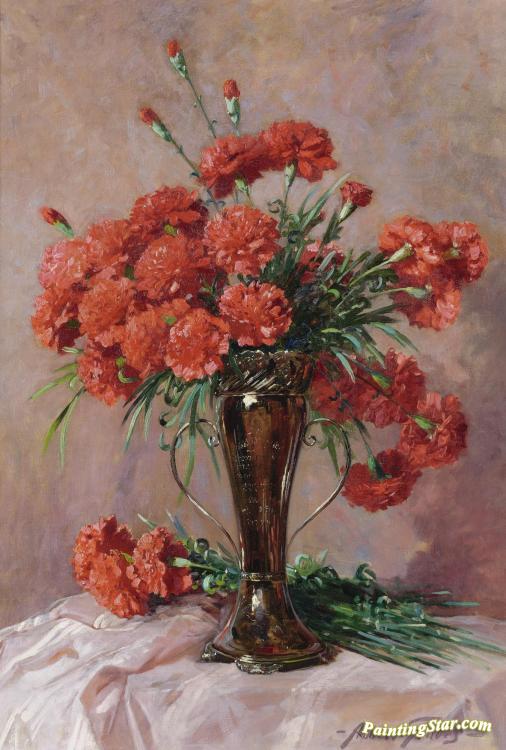 Red Carnations In A Silver Vase Artwork by Abbott Fuller Graves