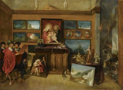 The Interior Of A Picture Gallery With Connoisseurs Admiring A Panel Painting Artwork by Frans Francken II