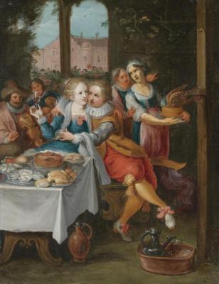 An Elegant Company Feasting With A Courting Couple Artwork by Frans Francken II
