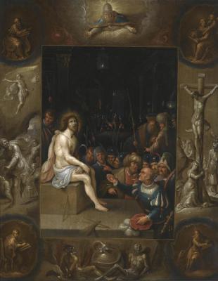 The Mocking Of Christ, In An En Grisaille Surround With Scenes From The Life Of Christ And The Four Evangelists Artwork by Frans Francken II